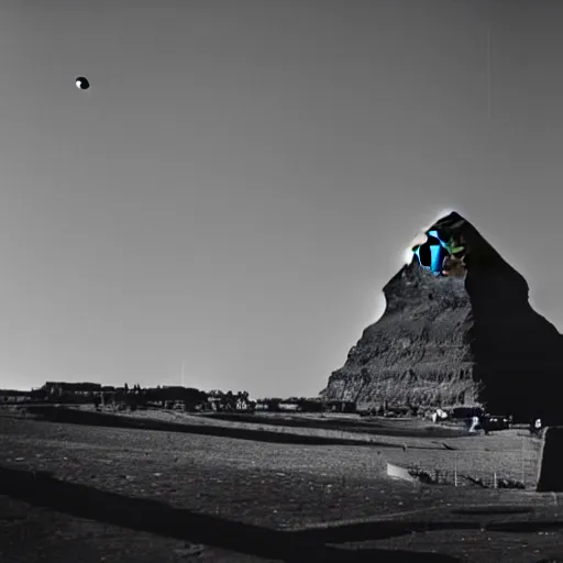 Image similar to ufo over the sphinx, film grain, shaky camera, black and white, award winning photograph,