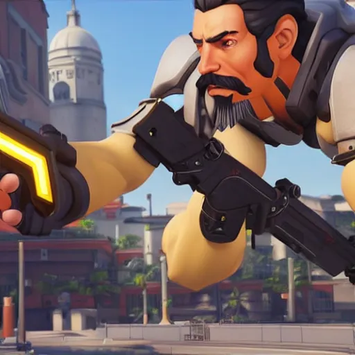 Image similar to joseph stalin is the newest overwatch character, kings row in the background, octane render, blender render, unreal engine, action shot, cinematic lighting, symmetrical