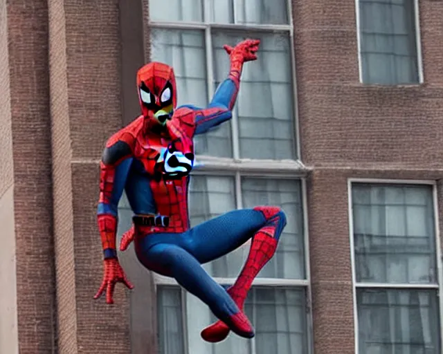 Image similar to photograph of spider - man on a building movie set