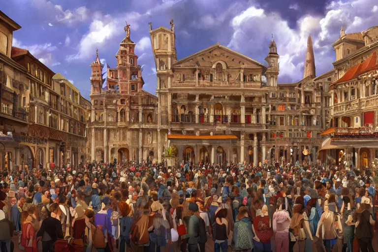 Image similar to cell shaded key visual of a renaissance city square, crowds of people, dramatic lighting