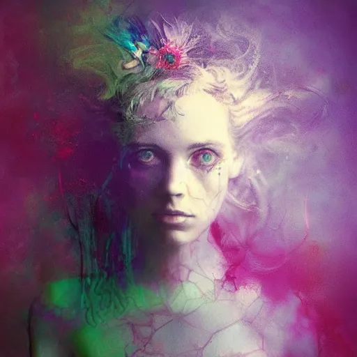 Image similar to beautiful Alice in wonderland portrait by cy Twombly and BASTIEN LECOUFFE DEHARME, iridescent, volumetric lighting