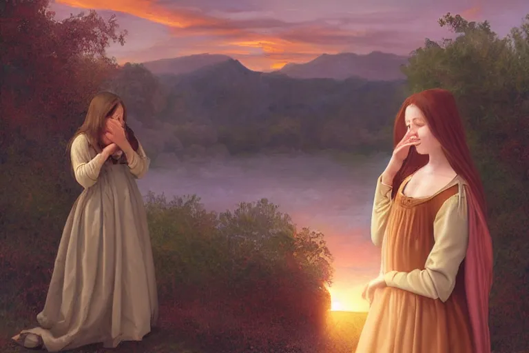 Prompt: a pretty girl crying with a renaissance dress and with the sunset in the background near a thumbstone. highly detailed digital art. full body. serene lighting, sharp focus