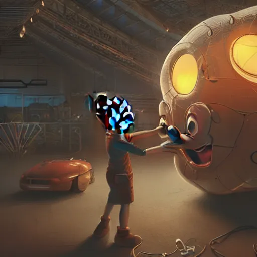 Image similar to photorender of mechanics working on big mickey mouse head, low light, glowing red light behind, highly detailed 4 k intricate art, unreal engine, concept art, digital art, beeple, cgsociety, octane render, realistic, sharp focus, smooth, greg rutkowski, alphonse mucha