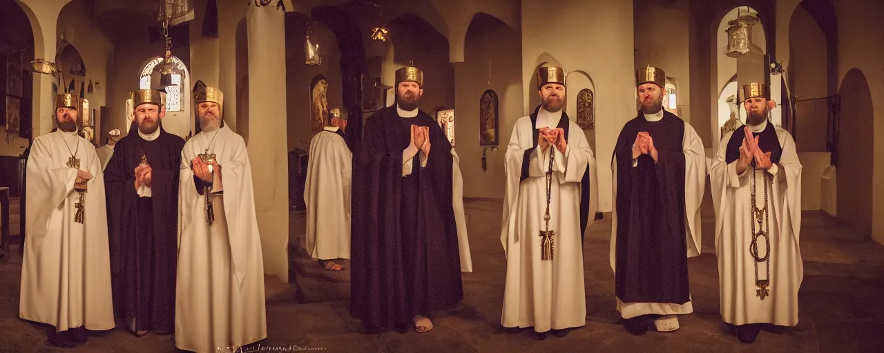 Image similar to three orthodox priests with cute caracal faces, in orthodox church, orthodox icons, volumetric lighting, twilight, dramatic, noir, blur, bokeh, cinematic, shallow depth of field, 8 0 mm, f 1. 8