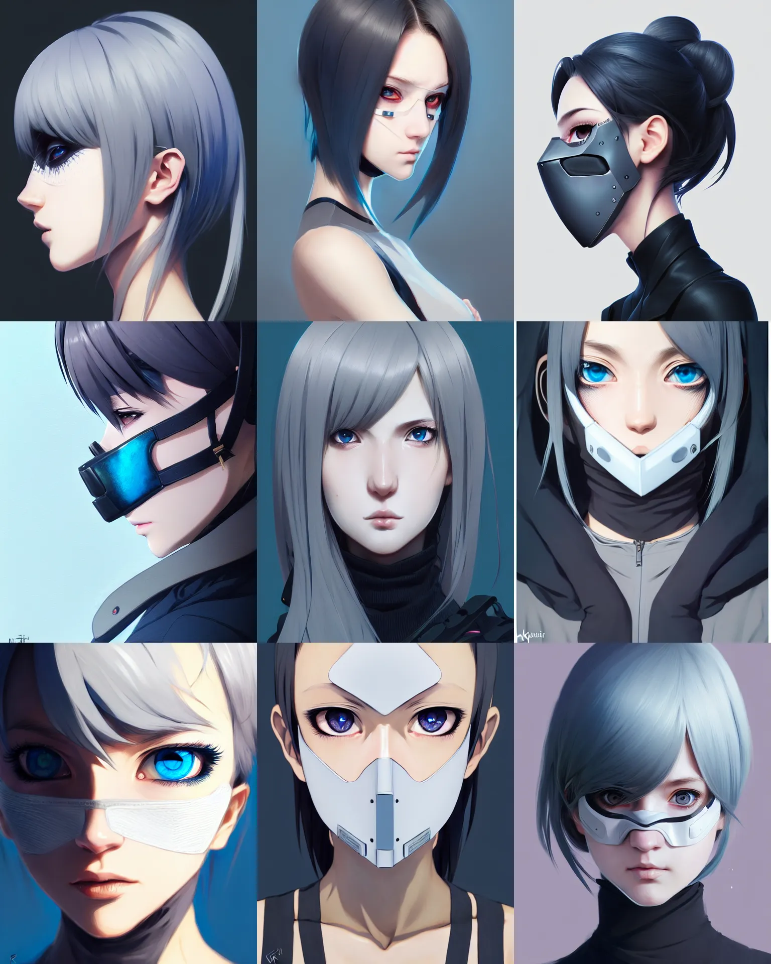 Prompt: profile of girl wearing tactical mask covering lower half face, eye shadow, grey hair, blue eye. anime, symmetry face, fine details. realistic shaded lighting, by ilya kuvshinov, morearea, kidmo, trending on artstation, magali villeneuve, artgerm, jeremy lipkin, caidychen, tomoyuki yamasaki