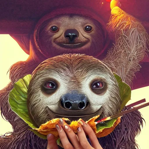 Prompt: detailed science - fiction character portrait of a sloth eating tacos, intricate, wild, highly detailed, digital painting, artstation, concept art, smooth, sharp focus, illustration, art by artgerm and greg rutkowski and alphonse mucha