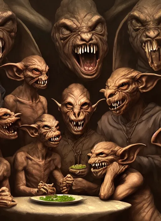 Prompt: profile group face portrait of medieval goblins having a banquet in the cloisters, beautiful face, hyper realistic, highly detailed, digital painting, artstation, illustration, concept art by hyung tae, bosch, giger, frank frazetta, digital paint, matte paint, washed colors, dark, gloomy