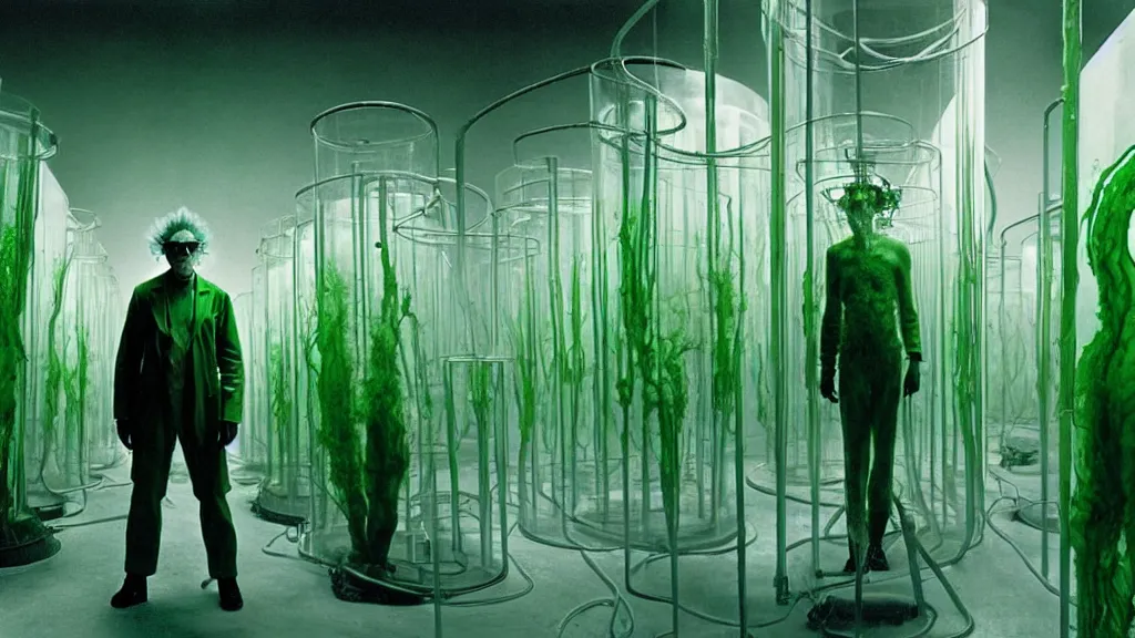 Image similar to a mad scientist in his lab, giant vats of green liquid line the walls, film still from the movie directed by denis villeneuve and david cronenberg with art direction by salvador dali and zdzisław beksinski, wide lens