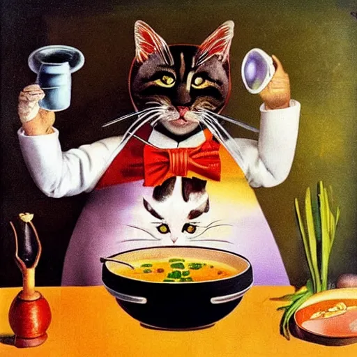 Image similar to anthropomorphic cat chef cooking a delicious colorful soup, by Salvador Dali