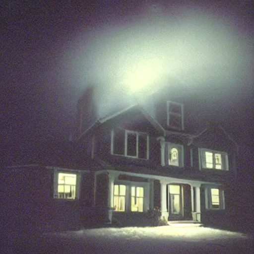 Image similar to a foggy high flash photo of a suburban home from the street at night, 2 0 0 6, taken with a disposable camera