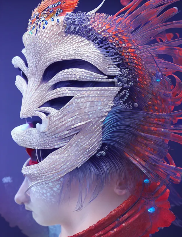 Image similar to 3 d shaman goddess close - up profile portrait. beautiful intricately detailed japanese crow kitsune mask and clasical japanese kimono. betta fish, jellyfish phoenix, bio luminescent, plasma, ice, water, wind, creature, artwork by tooth wu and wlop and beeple and greg rutkowski