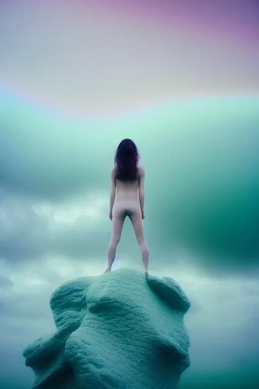 Image similar to high quality pastel coloured film close up wide angle photograph of a model wearing clothing swimming on cloud furniture in a icelandic black rock!! environment in a partially haze filled dreamstate world. three point light, rainbow. photographic production. art directed. pastel colours. volumetric clouds. pastel gradient overlay. waves glitch artefacts. extreme facial clarity. 8 k. filmic.