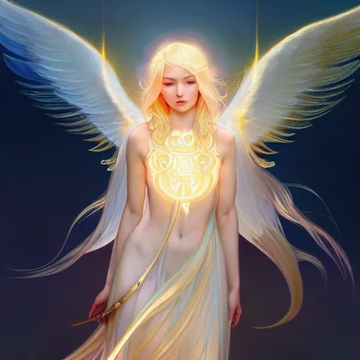 Image similar to Winged girl angel with blonde hair and glowing halo, iridescent, seraphim, fantasy, intricate, elegant, highly detailed, digital painting, artstation, concept art, smooth, sharp focus, illustration, art by Krenz Cushart and Wenqing Yan and alphonse mucha