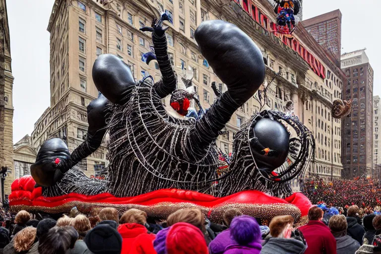 Prompt: photo of giant beautiful elaborate parade float character designed by giger and wes anderson!!!!!!!!!!!!!!, in the macys parade, detailed 4 k photo,