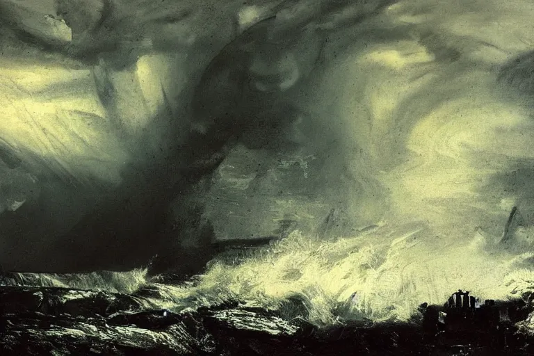 Prompt: awesome landscape rain waves crashing by peder balke with an tall alien structure with vehicles and lights by hrgiger