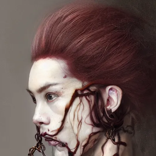 Image similar to portrait of a Shibari rope wrapped face and neck, headshot, insanely nice professional hair style, dramatic hair color, digital painting, of a old 18th century, Royal Emperor, amber jewels, baroque, ornate clothing, scifi, realistic, hyperdetailed, chiaroscuro, concept art, art by Franz Hals and Jon Foster and Ayami Kojima and Amano and Karol Bak,