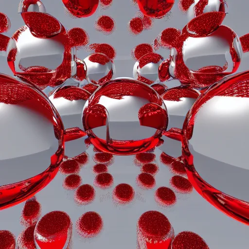 Prompt: chrome spheres on a red cube, ray marching