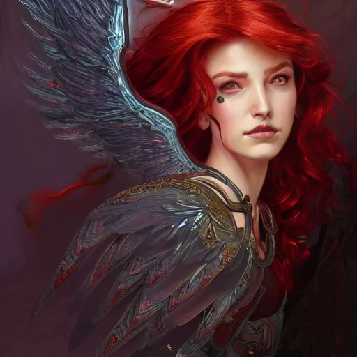 Image similar to A beautiful digital painting of a archangel with red hair, princess, a ghostly skull behind her, D&D, fantasy, intricate, cinematic lighting, highly detailed, digital painting, Artstation, concept art, smooth, sharp focus, illustration, art by Artgerm and Greg Rutkowski, Alphonse Mucha and charlie bowater