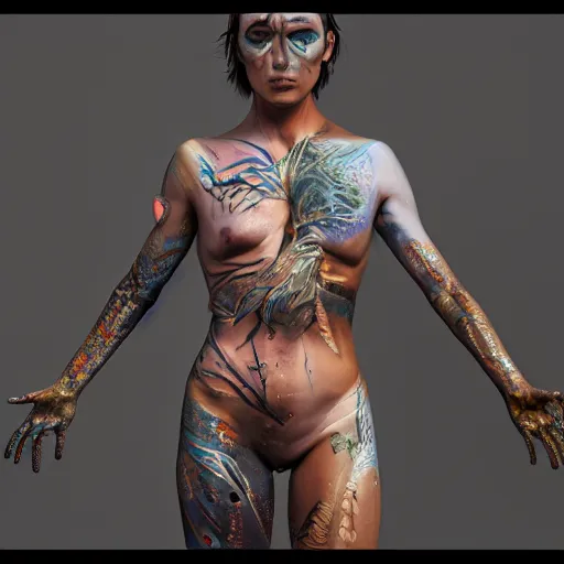 Prompt: : androgynous person with body paint all over hyper detailed art station  parabolic lighting contest winners unrealengine trending on artstation,cinematic, hyper realism, high detail, octane render, 8k