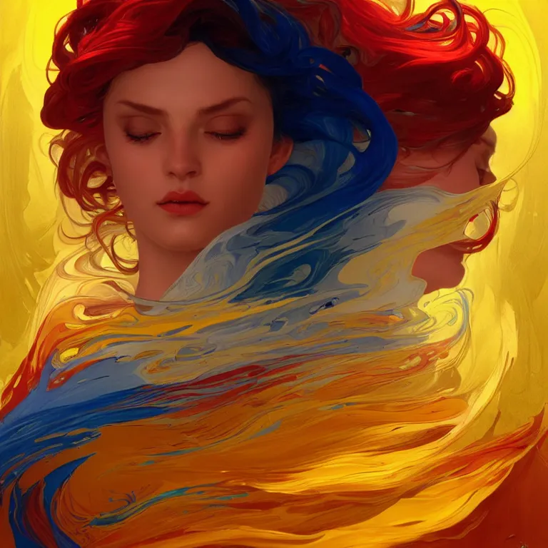 Image similar to Fool is a hue created with swirls of yellow gouache, joyous red, and a daub of crystalline ultramarine, intricate, highly detailed, digital painting, artstation, concept art, smooth, sharp focus, illustration, Unreal Engine 5, 8K, art by artgerm and greg rutkowski and alphonse mucha