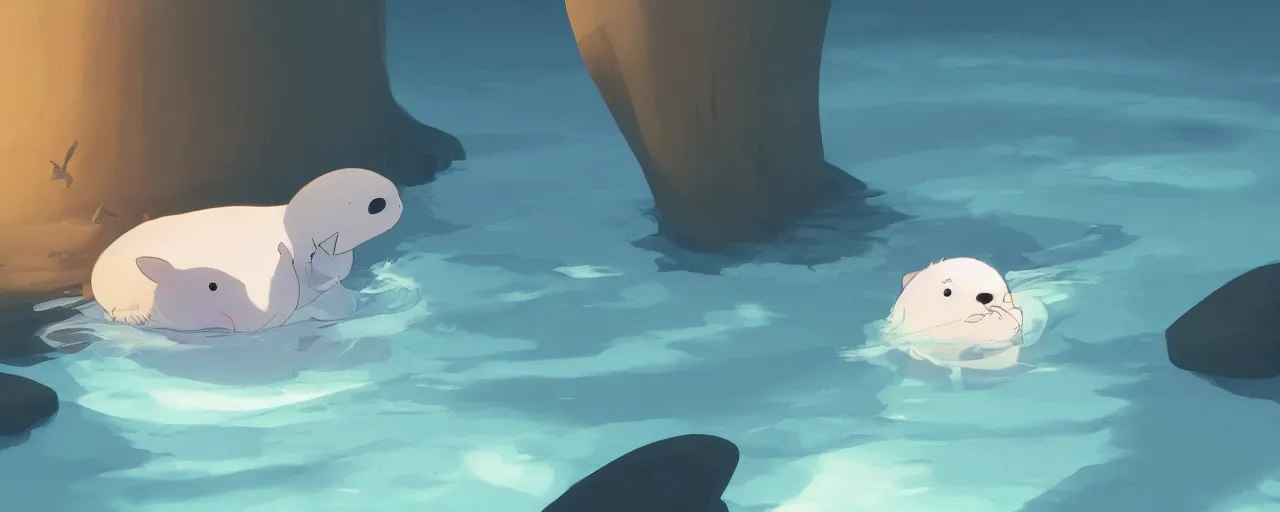 Prompt: a baby harp seal swimming in a tropical river, atey ghailan, goro fujita, studio ghibli, rim light, dark lighting, clear focus, very coherent