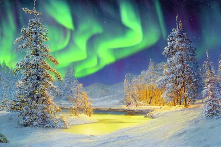 Image similar to beautiful nature, winter, night, norhtern lights, aurora borealis, hyperdetailed, focused, cinematic lighting, oil painting, colorful, canvas, artstation, Albert Bierstadt, Hans Dahl, Theodor Kittelsen, Hermann Hendrich, Konstantin Yakovlevich Kryzhitsky