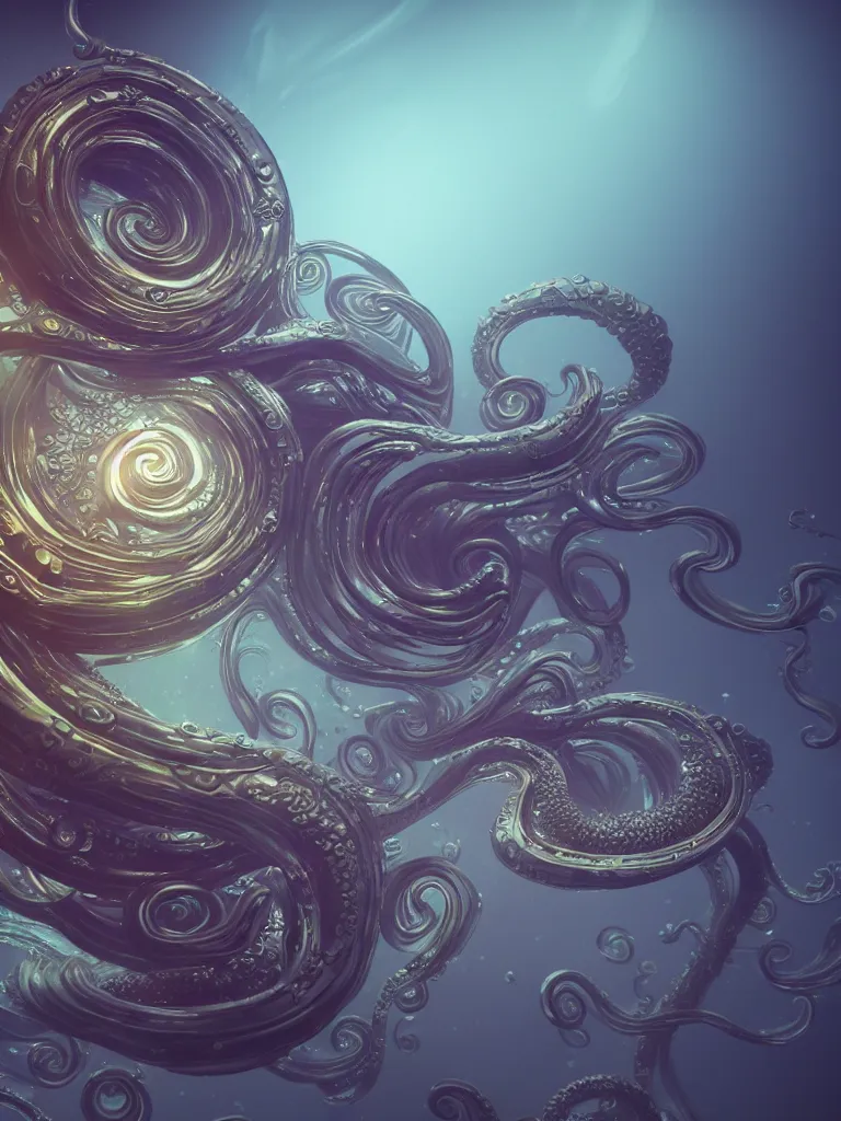 Image similar to nautilus, metallic, iridescent, tentacles, surreal, Octane Render, Unreal Engine