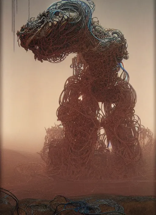 Image similar to Portrait of a behemoth, neon, they are watching, RGB, glowing wires everywhere, pristine, by Edgar Maxence and Ross Tran, Zdzisław Beksiński, and Michael Whelan, distant, gustav dore, H.R. Giger, 8k, octane render