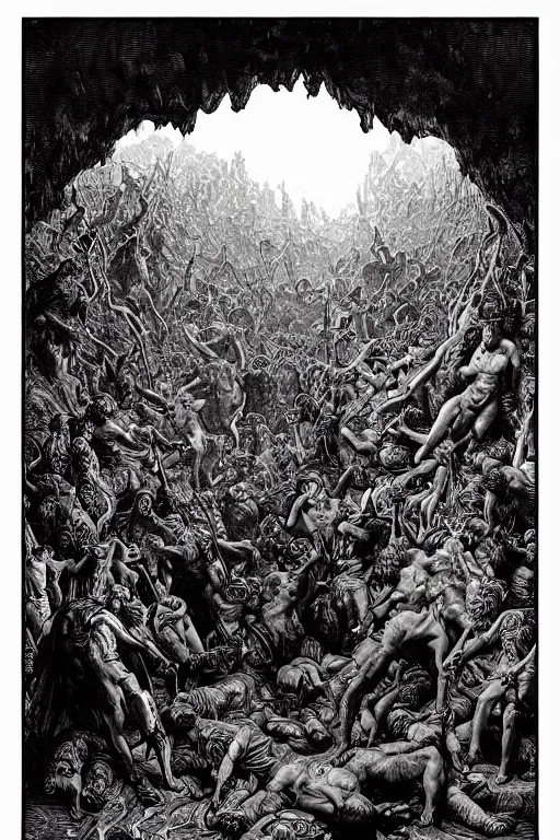 Prompt: colorful!!! dante inferno by laurie greasley and bouguereau, ( ( etching by gustave dore ) ), ultraclear intricate, sharp focus, highly detailed digital painting illustration, concept art, masterpiece