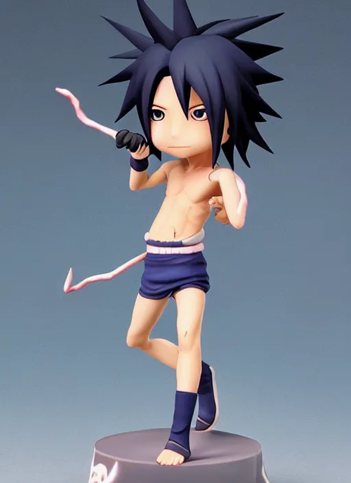 Image similar to chibi uchiha sasuke anime figurine, soccer, art by gerald brom, greg rutkowski and artgerm and james jean and zdzisław beksinski, unreal engine, studio lighting