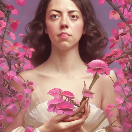 Prompt: pink petals with a ahape of a wonderful aubrey plaza, intricate, elegant, highly detailed, wonderful eyes, sweet, digital painting, artstation, concept art, smooth, sharp focus, illustration, art by artgerm and greg rutkowski and alphonse mucha and william - adolphe bouguereau