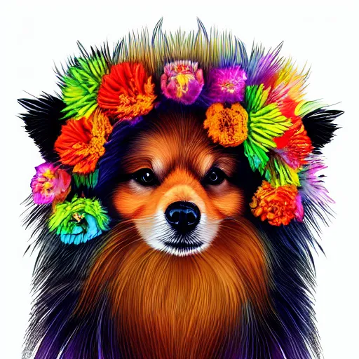 Image similar to long haired pomeranian dog with long colorful fur made of leaves and flower crown detailed painting 4 k