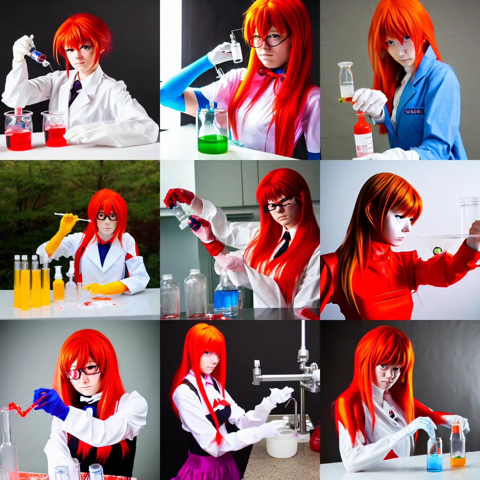 Prompt: asuka langley soryu from evangelion doing chemical experiment. cosplay photo