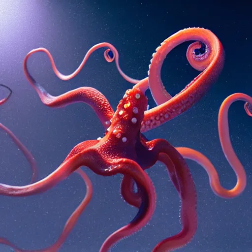 Image similar to hyperrealism simulation of parallel universe octopuses floating in deep space in surreal scene from art house movie from future by caravaggio rendered in blender and octane render