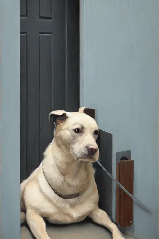 Prompt: dragan bibin painting of a dog in a doorway