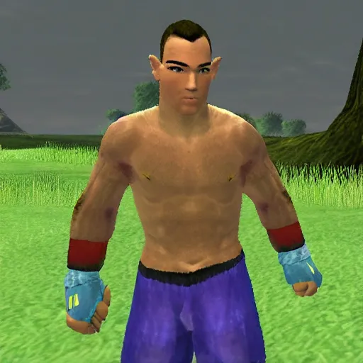 Image similar to character screenshot of ufc fighter colby covington in ocarina of time, n 6 4 graphics, field, sd video, legend of zelda, dialog text