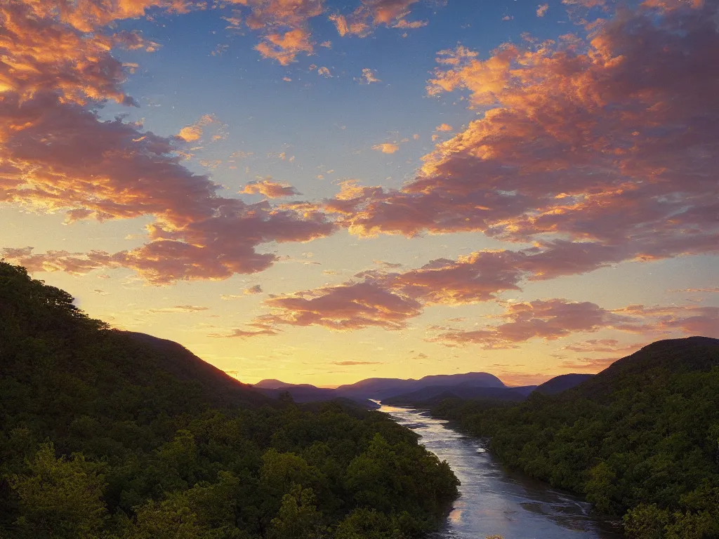 Image similar to “a river bend running through a canyon surrounded by mountains at sunset, a tilt shift photo by Frederic Church, by ansel adams, trending on unsplash, hudson river school, photo taken with provia, national geographic photo, tilt shift”