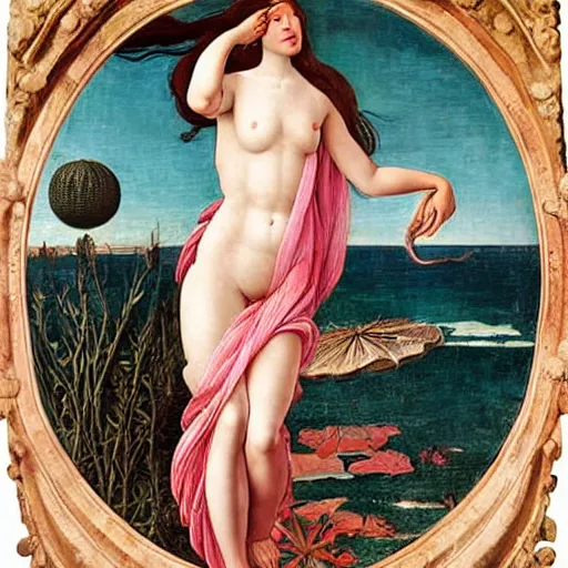 Image similar to an hyperrealistic mythological oil painting of venus with long curly brown hair, full body, wearing pink floral chiton, sing n a giant scallop shell, near the seashore, intricate lines, elegant, renaissance style, by sandro botticelli and william waterhouse