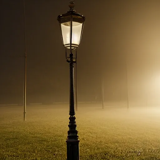 Image similar to a victorian street lamp in a foggy field at dusk, indigo sky