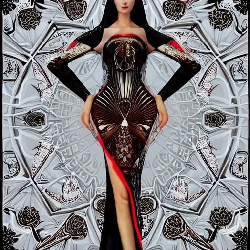 Image similar to a beautiful arabian woman wearing a futuristic dress by alexander mcqueen, artgerm, fashion show, futuristic, organic dress, seamless pattern, concept art, fantasy