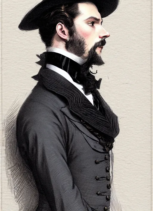 Image similar to 3 / 4 view of a portrait of man in victorian clothing, confident pose, intricate, elegant, sharp focus, illustration, highly detailed, concept art, matte, trending on artstation, anime, art by james jean and artgerm and brian despain and alberto mielgo, greg rutkowski, wlop, ilya kuvshinov, strong strokes