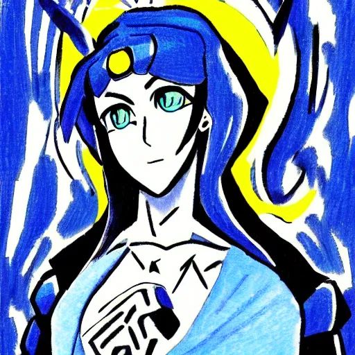 Image similar to a jojo bizarre adventures artstyle drawing : Marie the mother of Jesus dressing blue and yellow next to the pyramids