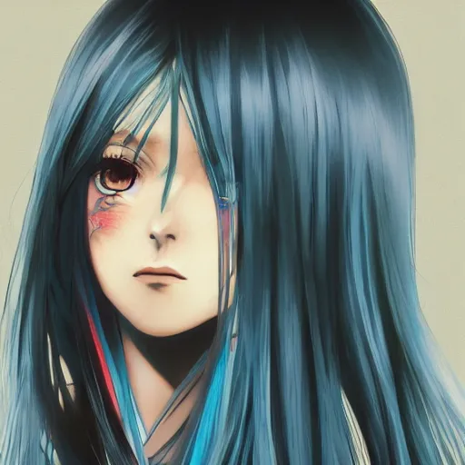 Image similar to full face shot of rimuru tempest, sky blue straight hair, long bangs, with amber eyes, wearing a fancy black jacket, high collar, ultra detailed, brush strokes, digital painting, cinematic, wlop artstation, closeup, pixiv, intense, intimidating glare, photorealistic, overpowering, andy warhol,