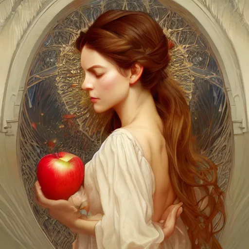 Image similar to portrait of the angel of apples, D&D, fantasy, intricate, elegant, highly detailed, digital painting, artstation, concept art, smooth, sharp focus, illustration, art by artgerm and greg rutkowski and alphonse mucha