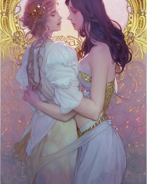 Image similar to secret romance, highly detailed, gold filigree, romantic storybook fantasy, soft cinematic lighting, award, disney concept art watercolor illustration by mandy jurgens and alphonse mucha and alena aenami, pastel color palette, featured on artstation