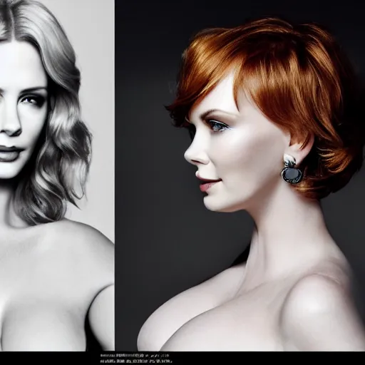 Image similar to portrait of christina hendricks and charlize theron hybrid by mario testino, 3 / 4 view, detailed, award winning, sony a 7 r