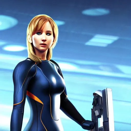 Image similar to high resolution photo of jennifer lawrence as samus aran wearing her zero suit, 4 k, award winning photography.