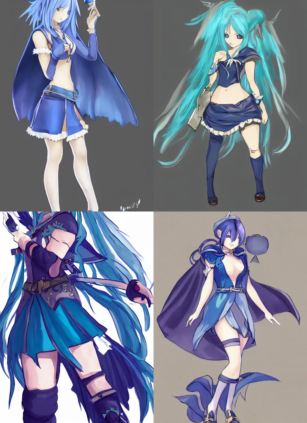 Prompt: blue-haired female alchemist wearing a short dress, stockings and cape, character art from Bravely Default 2, jRPG character art, digital art, full body, stylized anime, high quality,