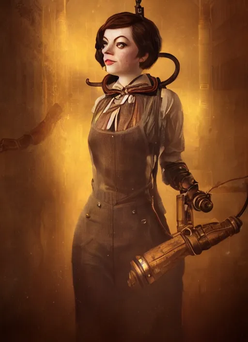 Image similar to Bioshock steampunk portrait of Emma Stone, au naturel, hyper detailed, digital art, trending in artstation, cinematic lighting, studio quality, smooth render, unreal engine 5 rendered, octane rendered, art style by klimt and nixeu and ian sprigger and wlop and krenz cushart.