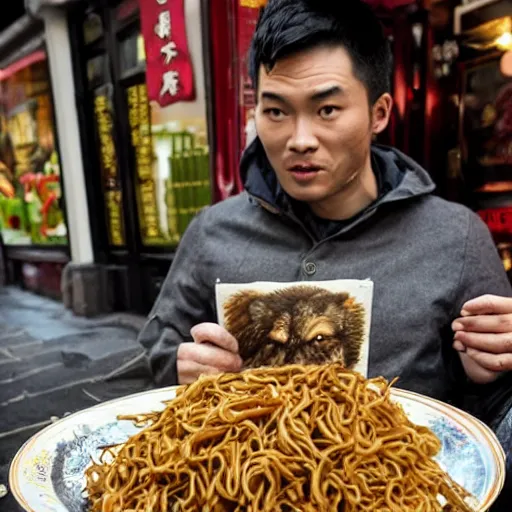 Prompt: A werewolf with a Chinese menu in his hand, Walking through the streets of SoHo in the rain, looking for the place called Lee Ho Fooks to get a big dish of beef chow mein